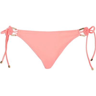 Pink macram&#233; trim string bikini bottoms